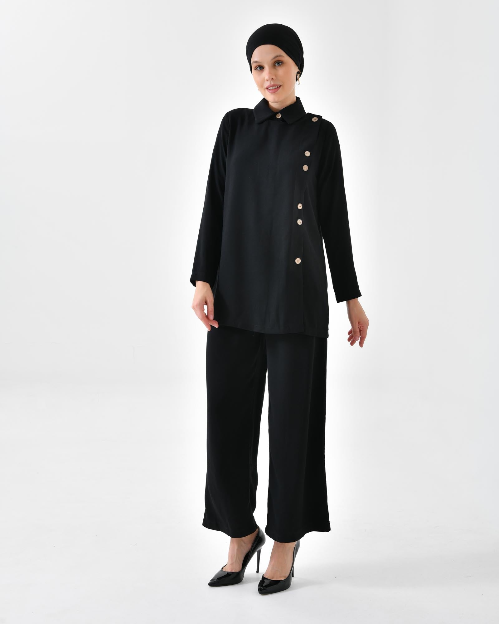 Hijab Zweiteiler- Damen Zweiteiler - Bluse mit Knopfdetails vorne und breite Hose