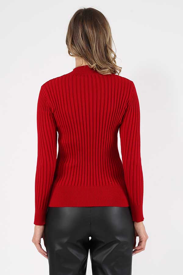 Knitted sweater - stand-up collar - dark red