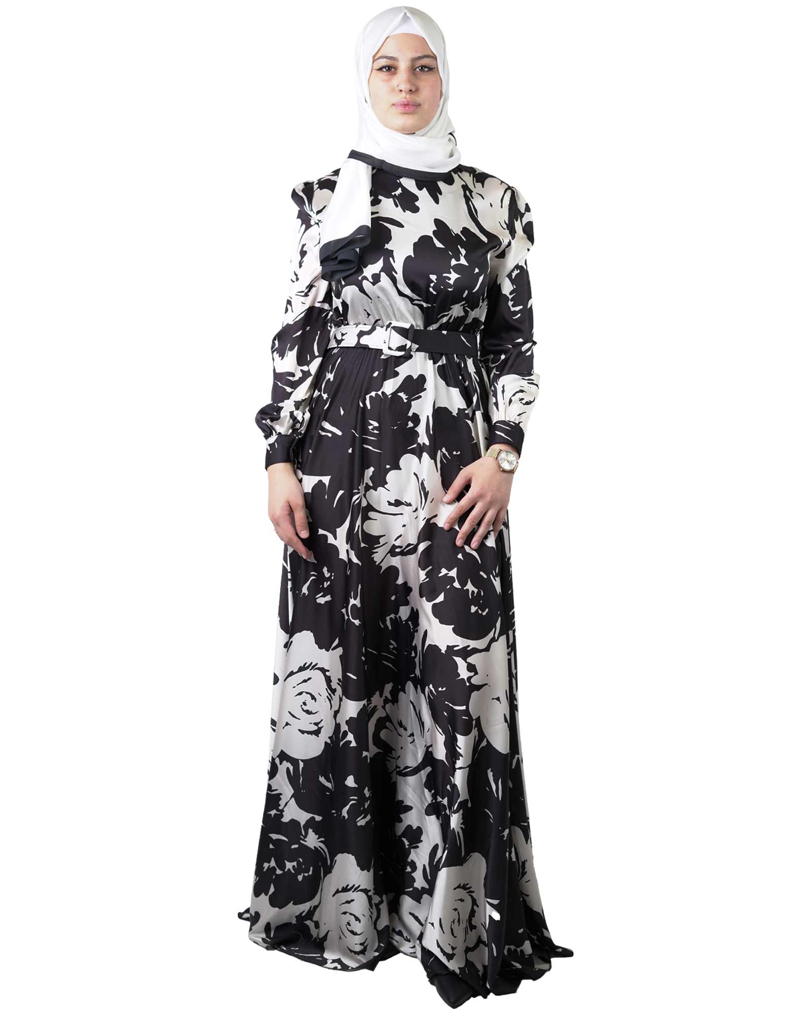 Satin dress with floral pattern and belt