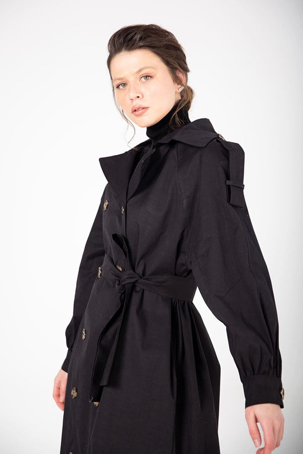 Trenchcoat - Geknöpft - mit Binder - Schwarz