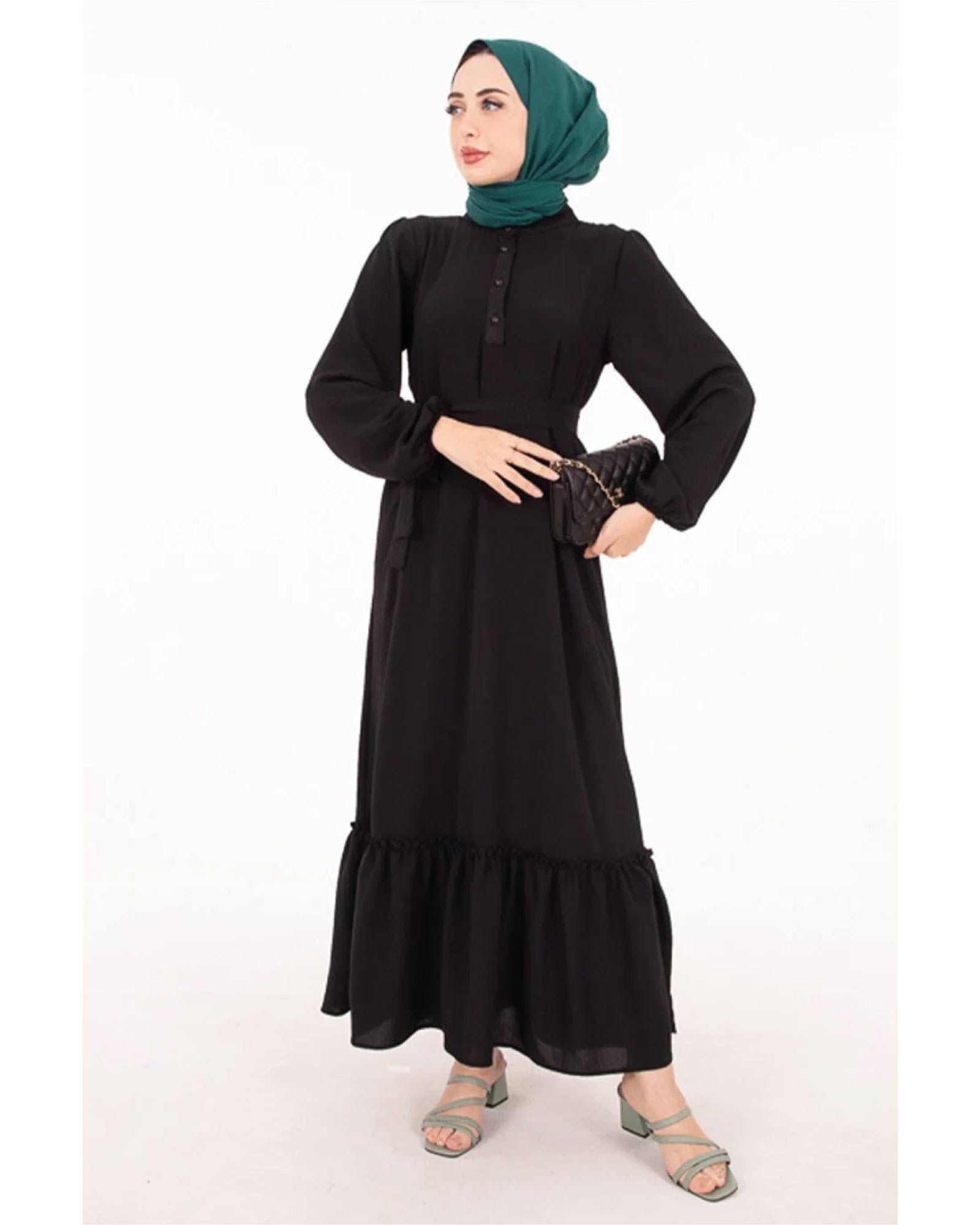 Sommerliches Hijab Kleid lang mit Rüschen und Gürtel