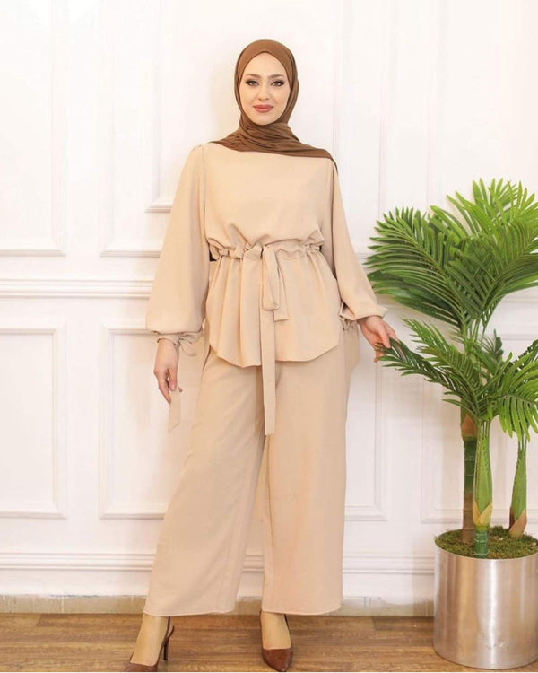 Damenbekleidung: Hijab-Doppelanzug,Zweiteiler Bluse mit Kordelzug und Hose mit weitem Bein