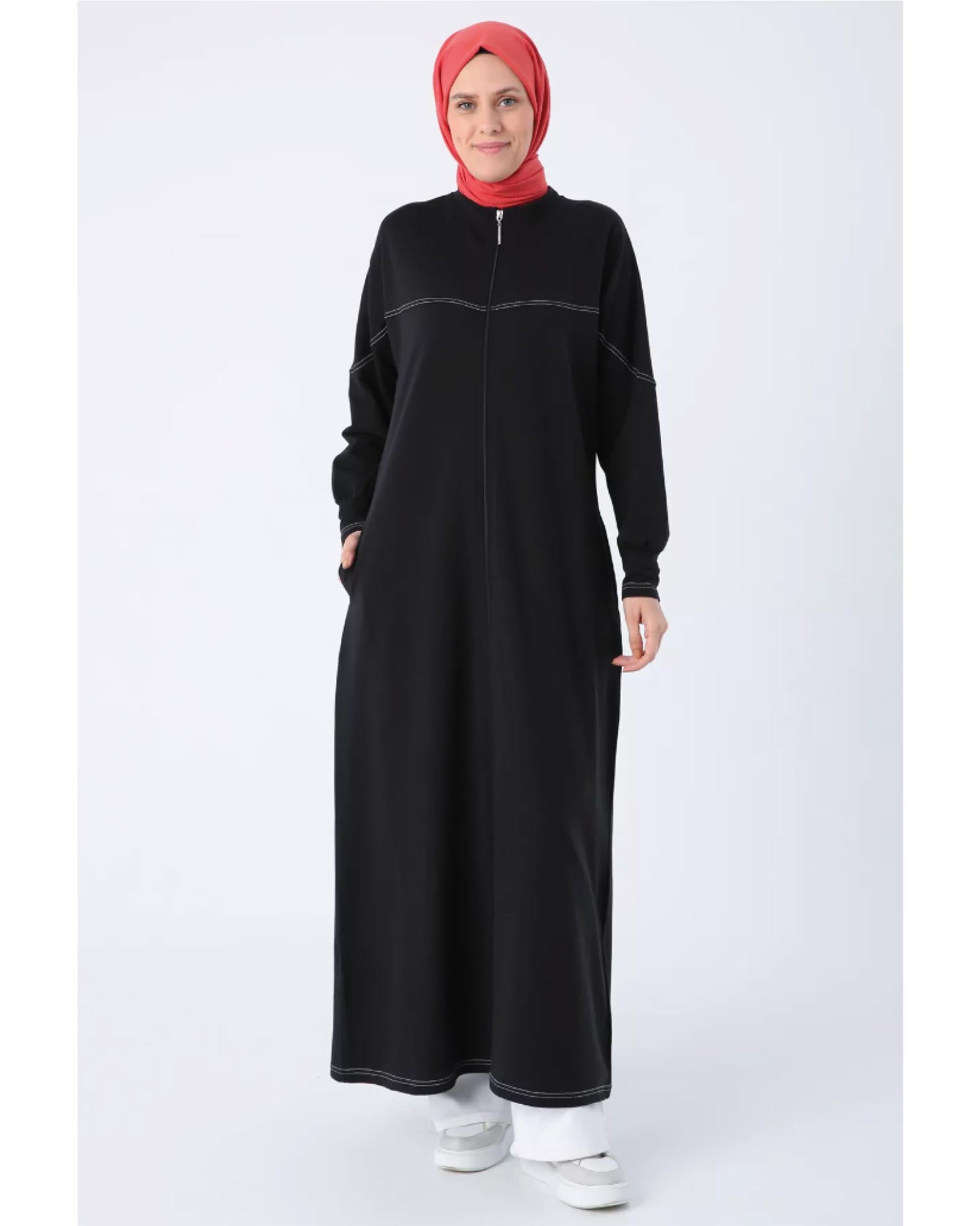 Hijab- Abaya aus Baumwolle mit Rückentaschen, Stehkragen und Reißverschluss