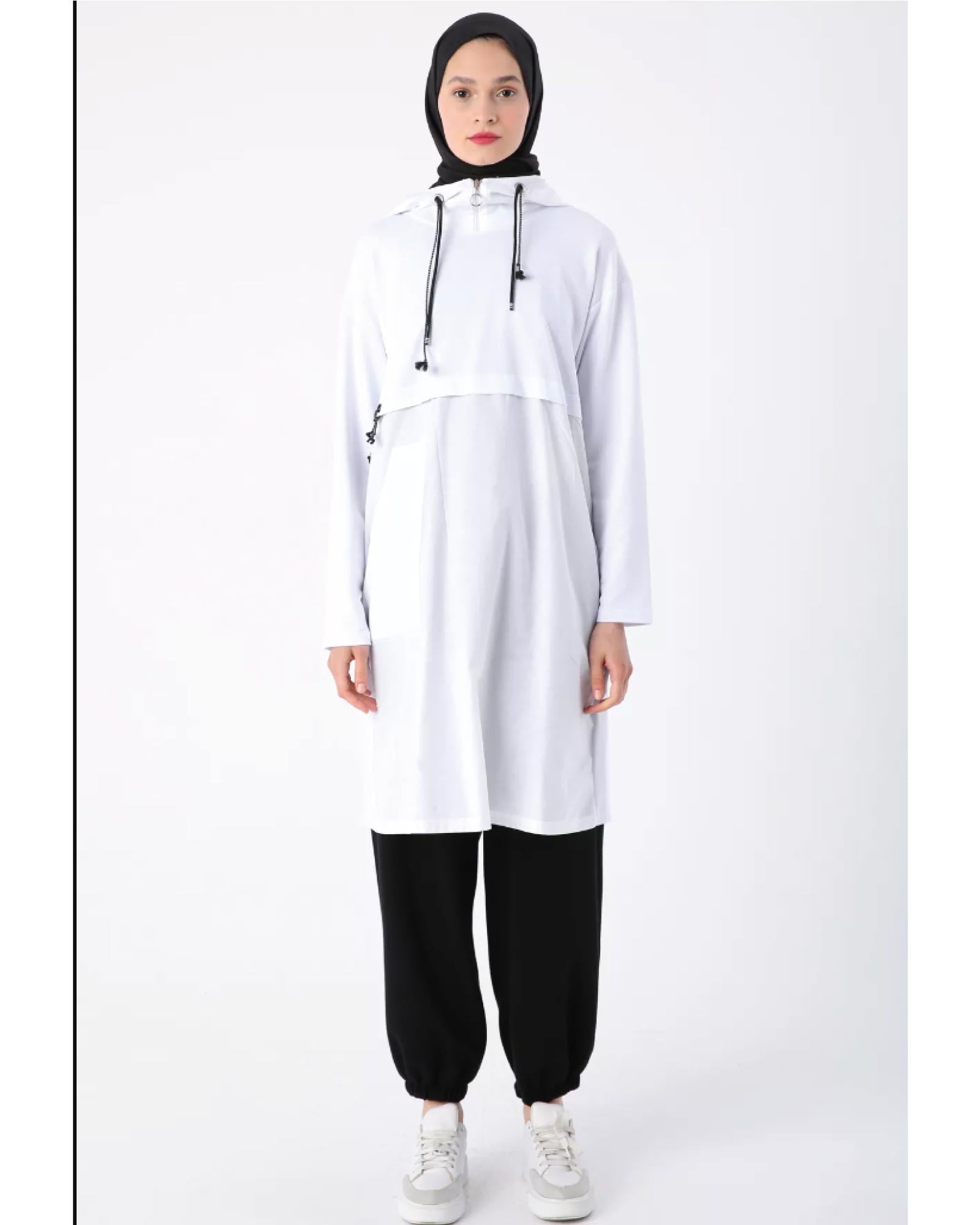 Hijab- cropped hooded sweat tunic made from cotton yarn with birds eye detail