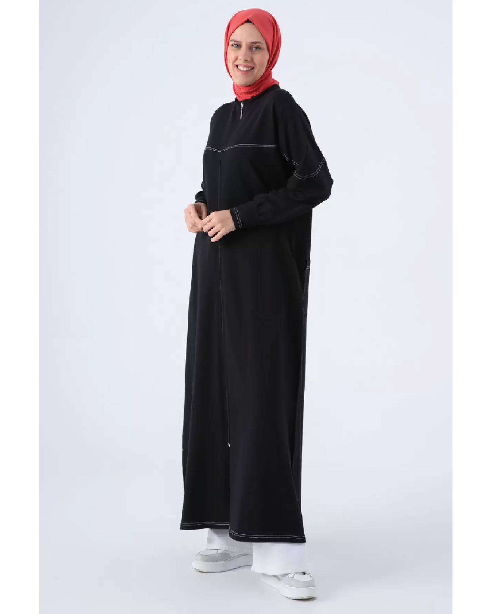 Hijab- Abaya aus Baumwolle mit Rückentaschen, Stehkragen und Reißverschluss