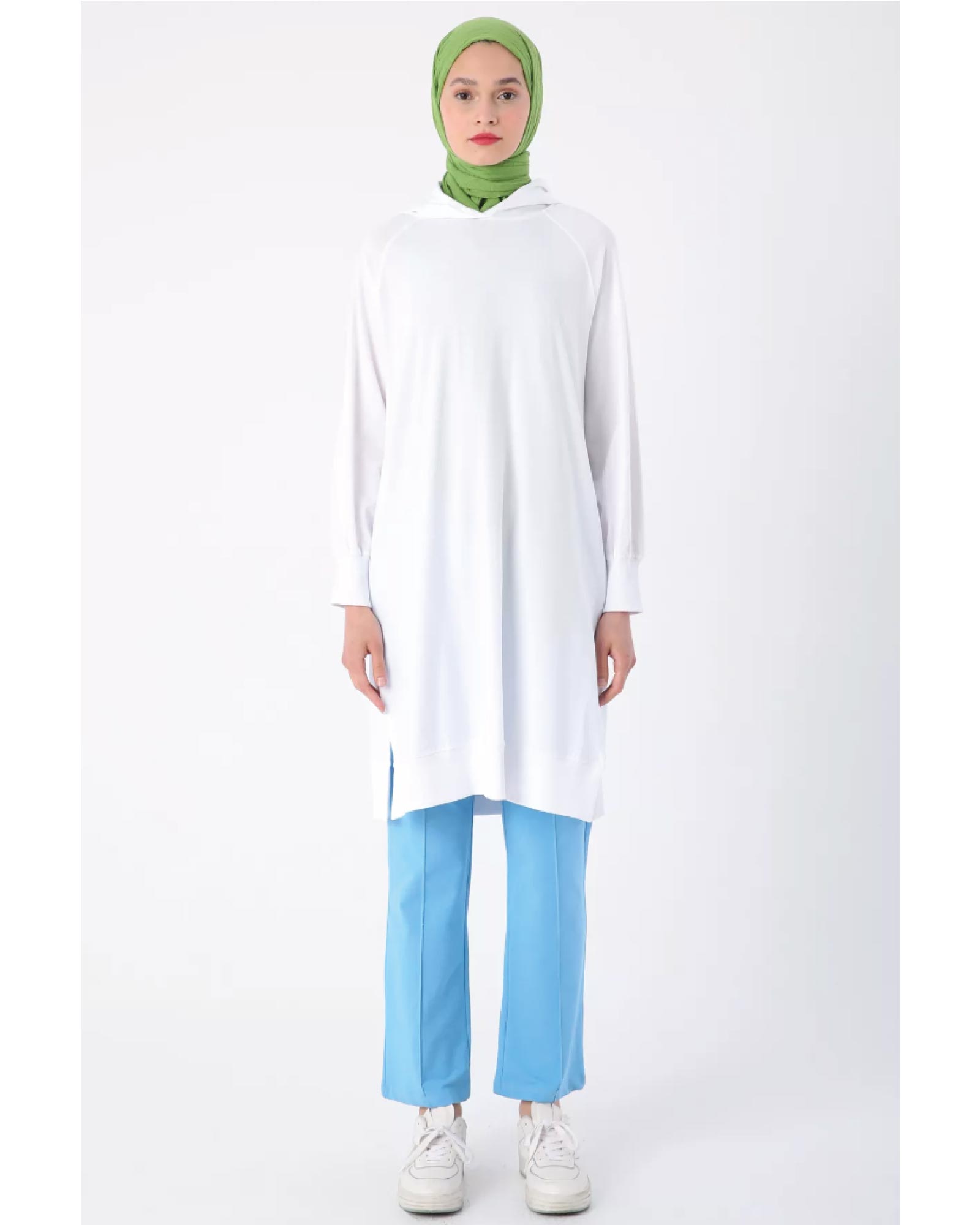 Supima cotton hijab tunic with hood, raglan sleeves and side slits