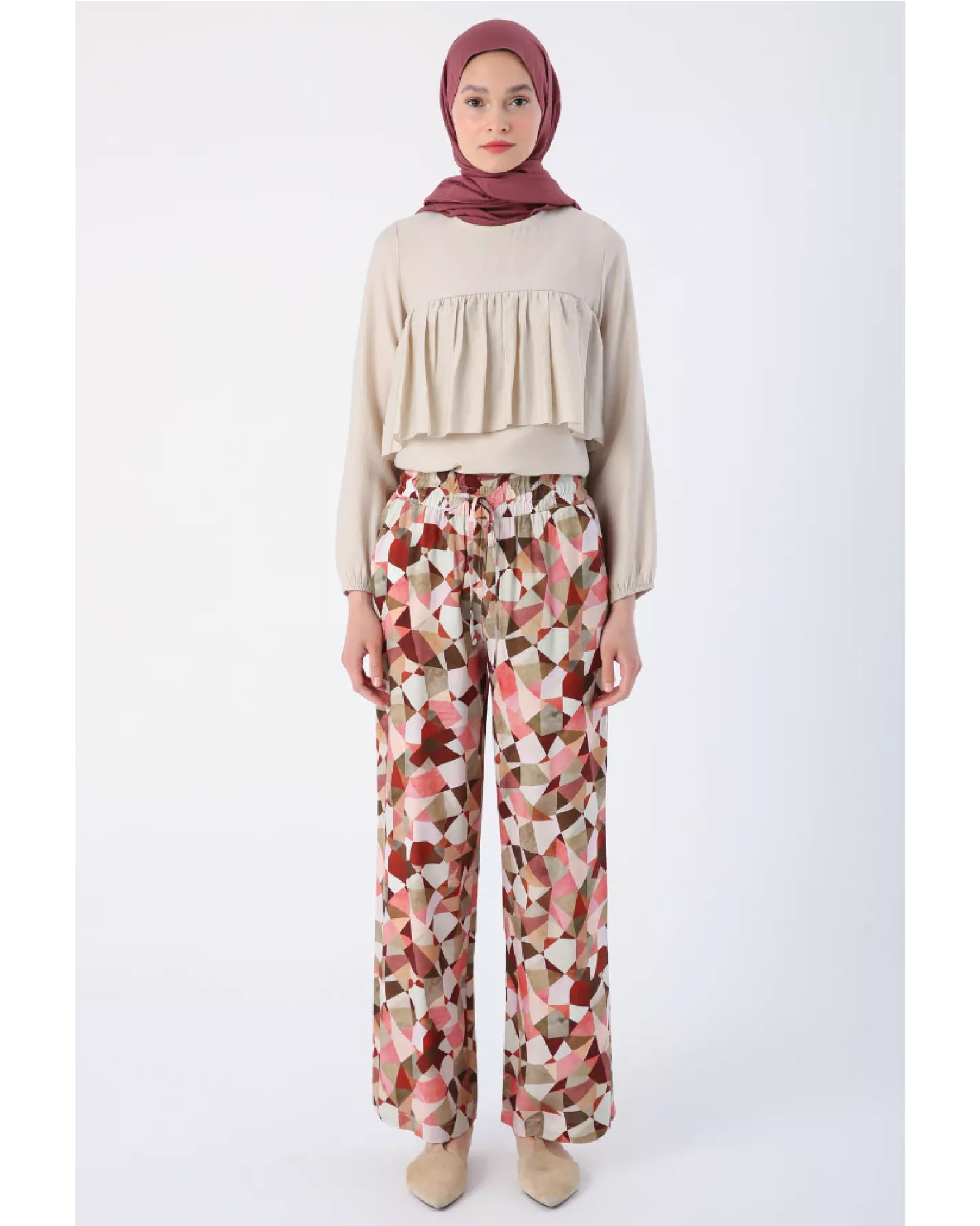 Hijab- Gemusterter bequemer Schnitt Viskose-Hose mit elastischem Bund