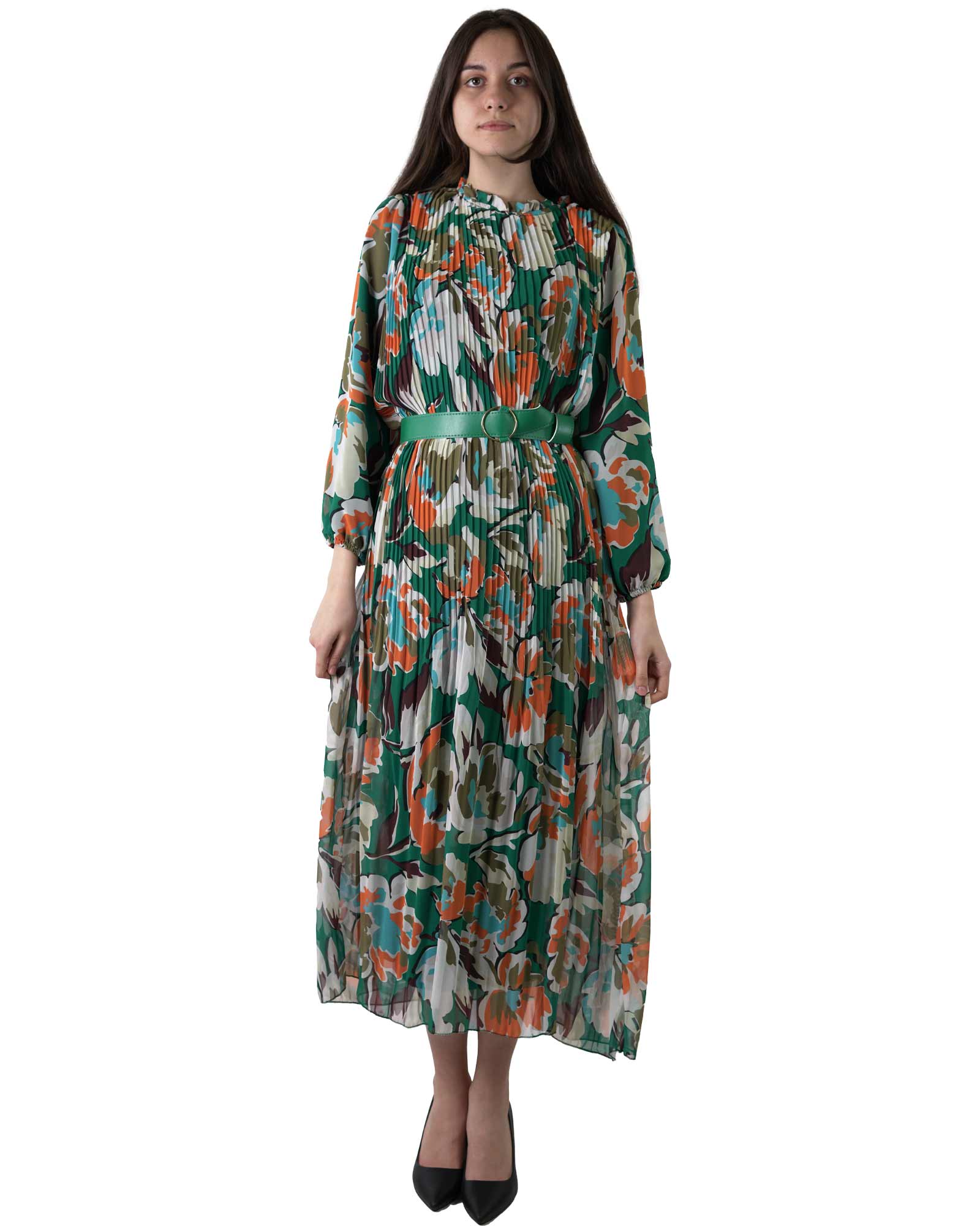 Kleid aus plissiertem Tüll mit Blumenmuster und Gürtel