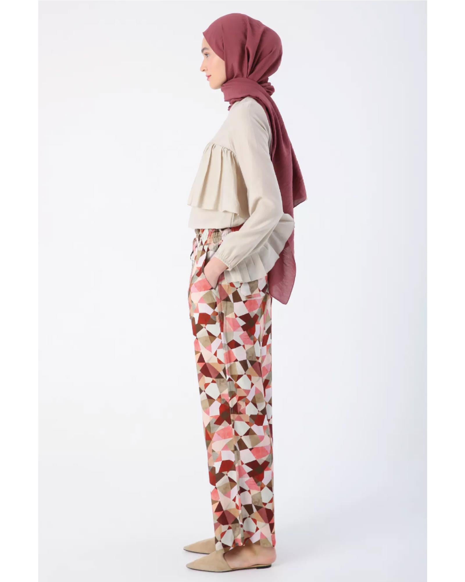 Hijab- Gemusterter bequemer Schnitt Viskose-Hose mit elastischem Bund