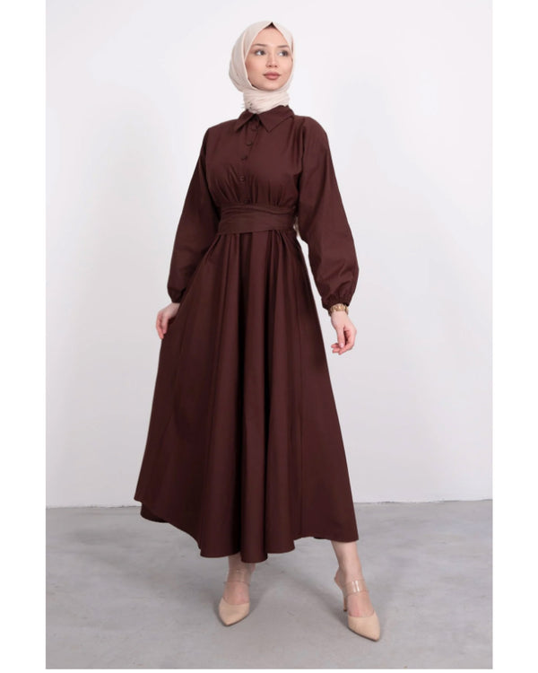 Hijab- Kleid Damen Kleid mit Ballonärmel, knopfverschluss, und  Bund am Tailer
