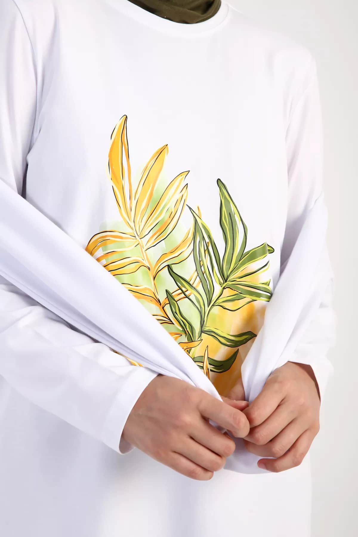 Yaprak baskılı uzun kollu t-shirt tunik