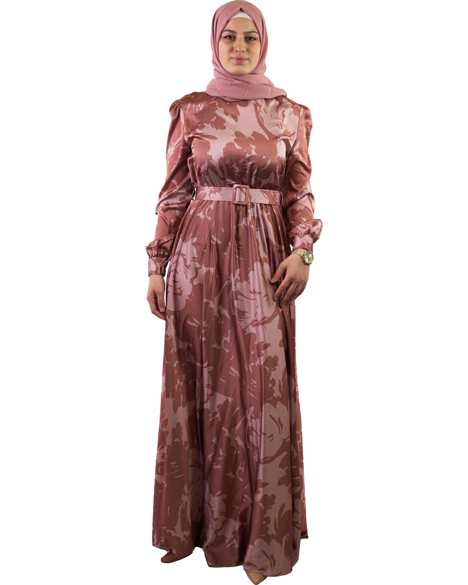 Satin dress with floral pattern and belt