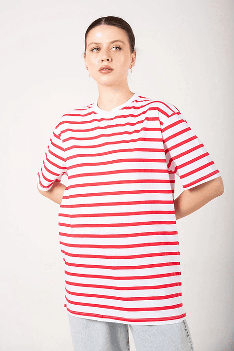 T-Shirt - Basic - Çizgili - Kısa Kollu - Kırmızı