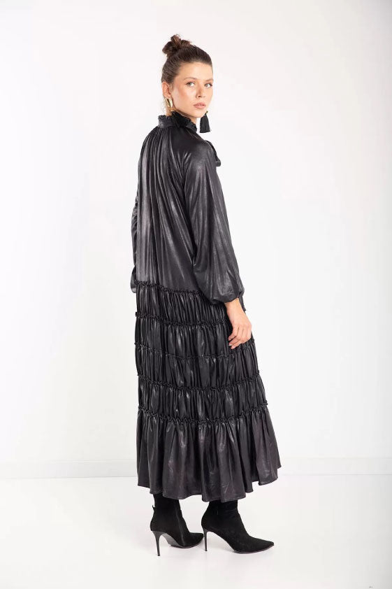 Dress - Faux Leather - Pleated Skirt Detail - Black