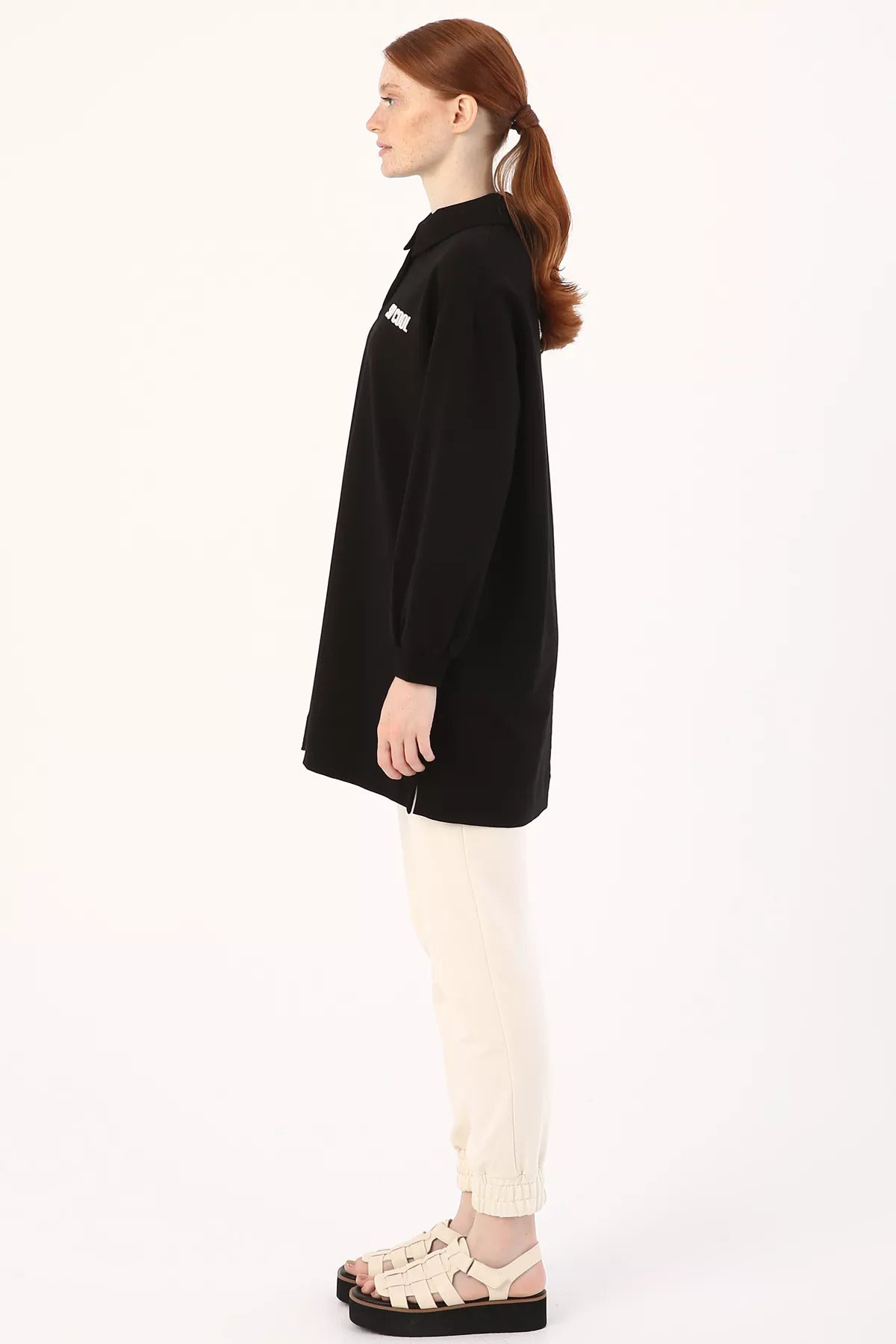 Oversized embroidered tunic with polo collar