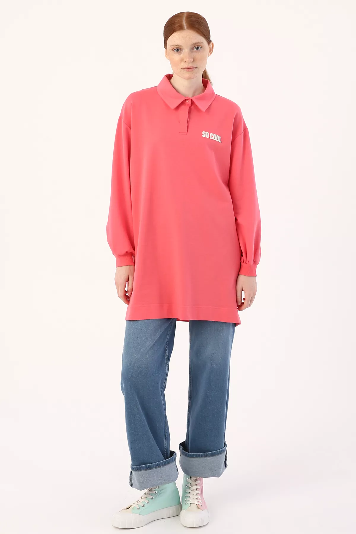 Oversized embroidered tunic with polo collar